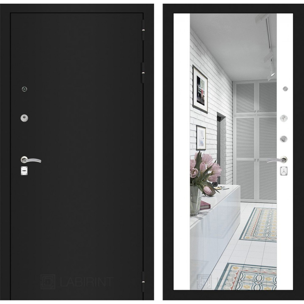 Дверь Лабиринт CLASSIC шагрень черная с Зеркалом Максимум - Белый софт
