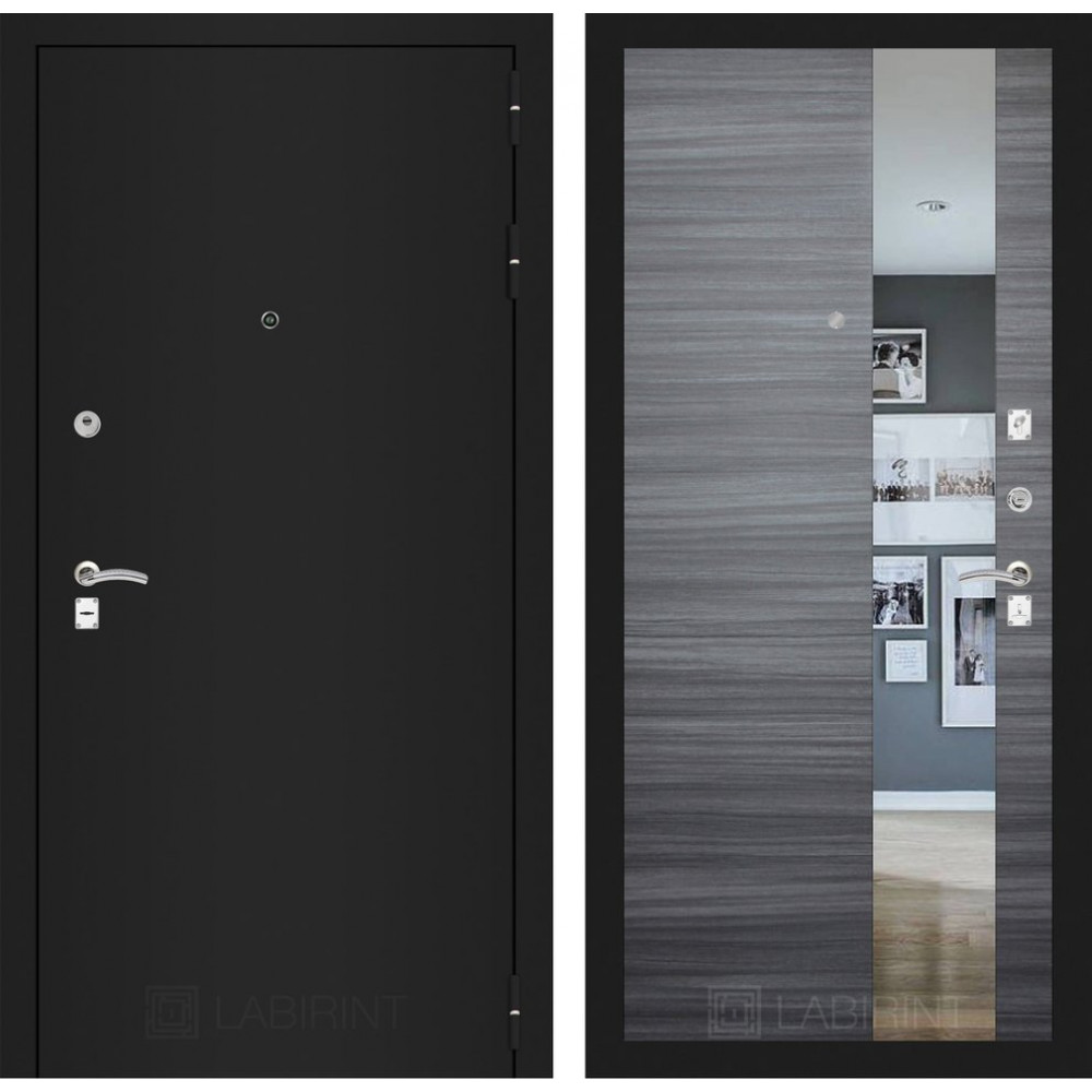 Дверь Лабиринт CLASSIC шагрень черная с Зеркалом - Сандал серый горизонтальный